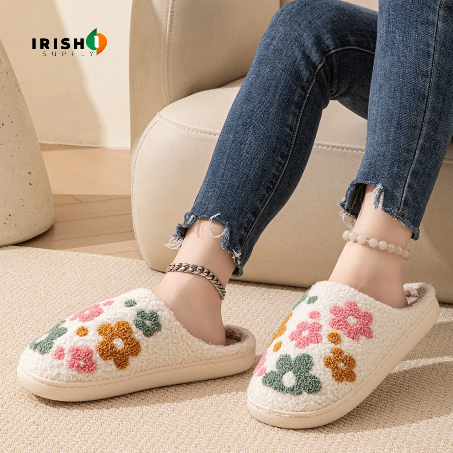COZYLUX Non-slip Women's Floral Warm Cotton Slippers