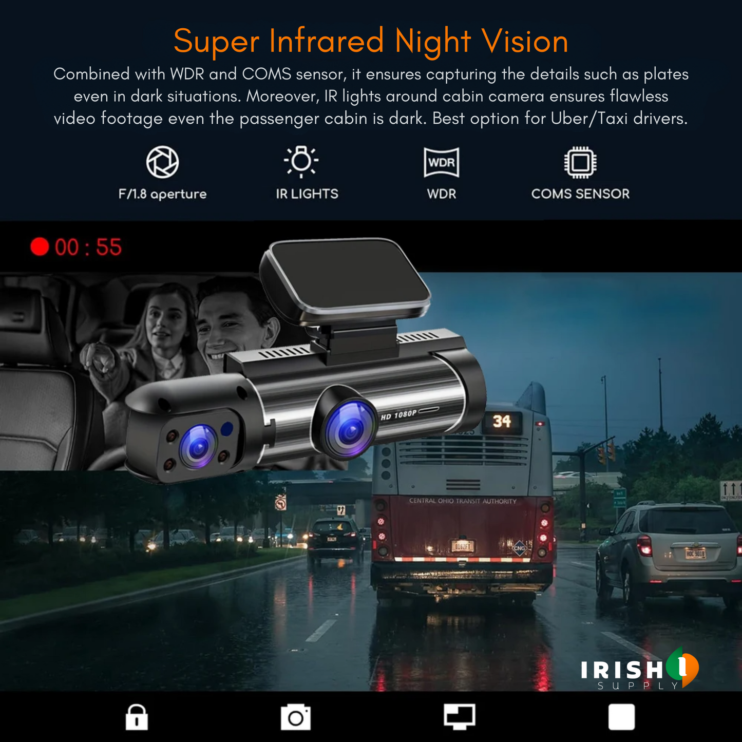 CLARITYPRO Dual 1080P Car Dash Cam - Front & Cabin Video Recorder