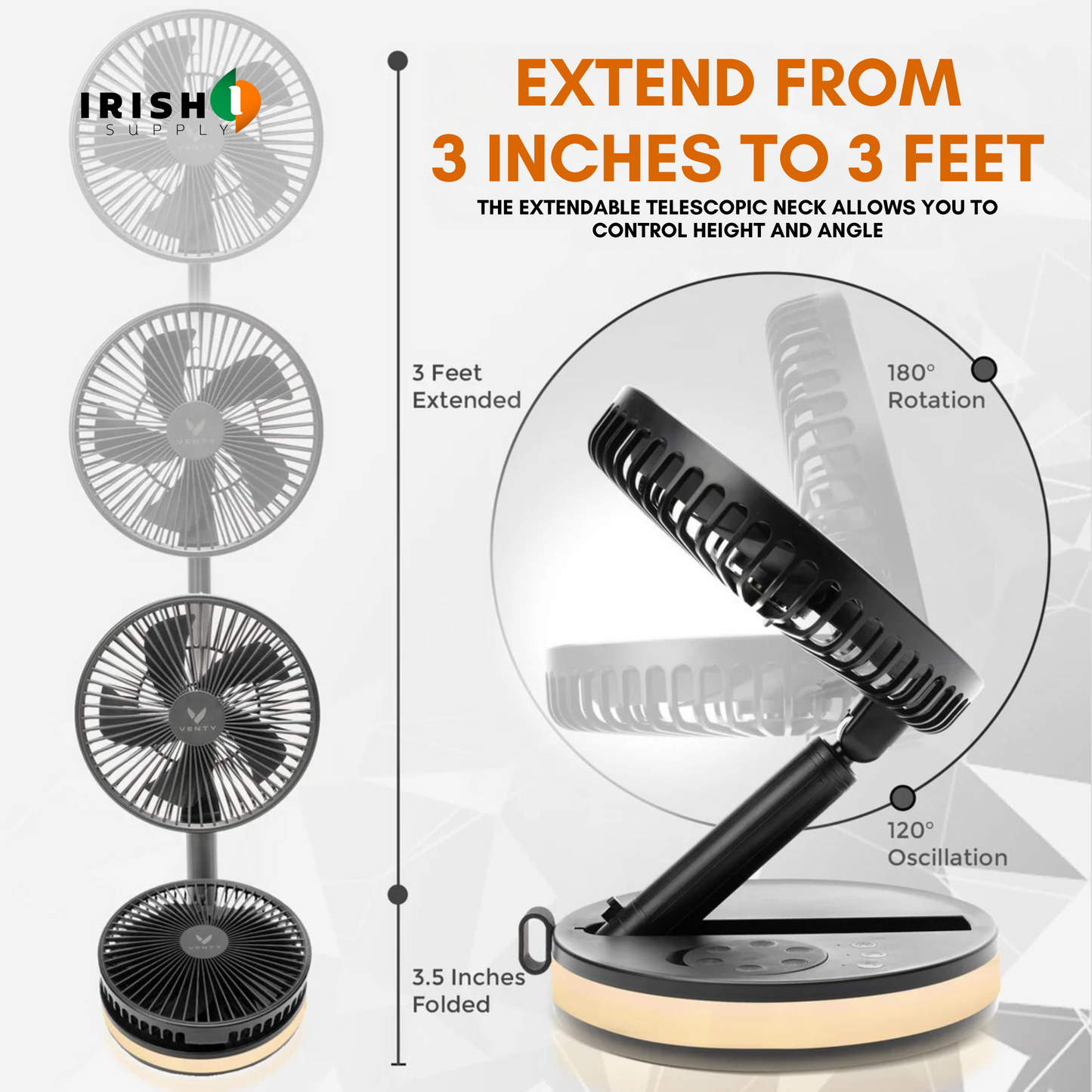 VENTURA Wireless Battery Operated Fan With 4 Speeds, LED Lighting, Carry Case & Remote Control