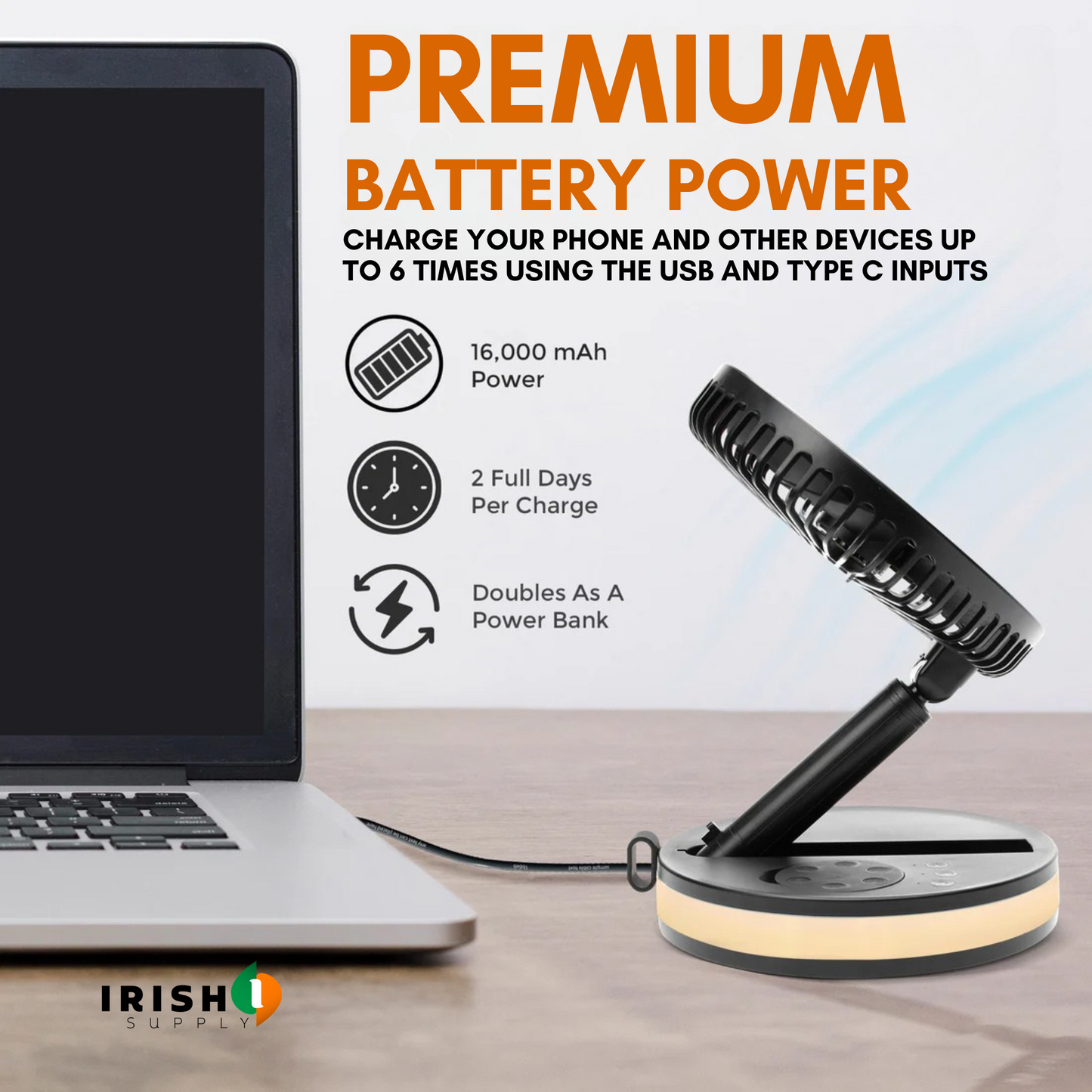 VENTURA Wireless Battery Operated Fan With 4 Speeds, LED Lighting, Carry Case & Remote Control